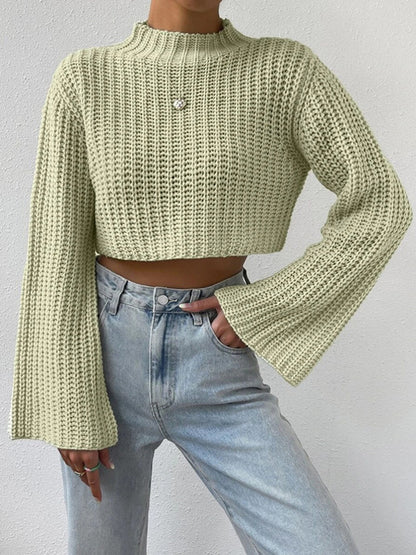 Autumn Winter Solid Color High Waist Short Bell Sleeve Half Turtleneck Pullover Sweater for Women