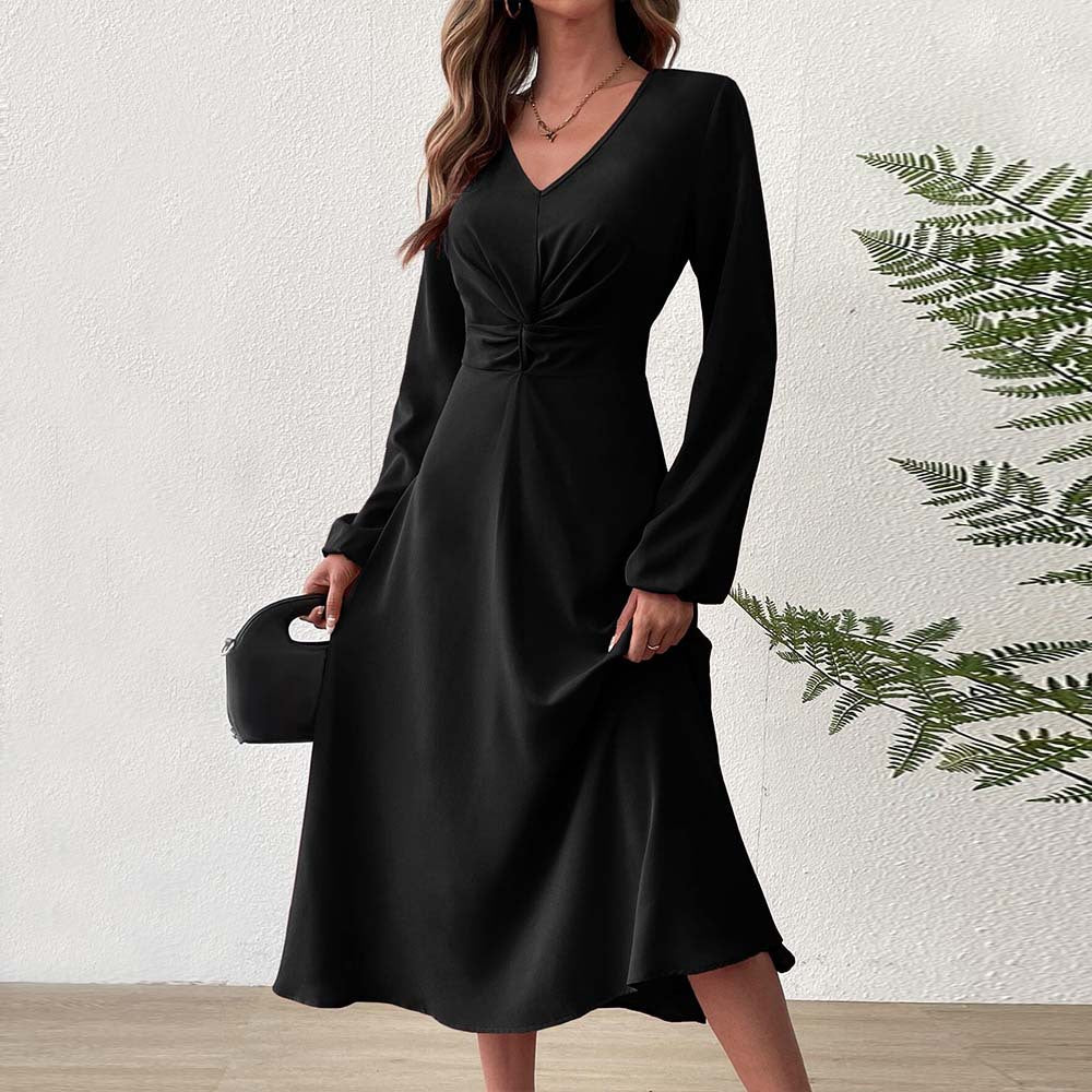 French Adult Lady like Woman V neck Dress Autumn Winter Elegant Elegant A line High Waist Midi Dress