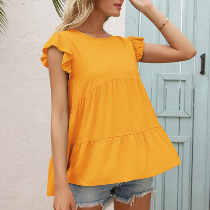 Summer Women Clothing Loose round Neck Wooden Ear Sleeve Short Sleeve Top Women