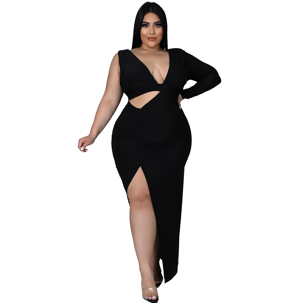 Plus Size Women Clothing Spring Solid Color Single Sleeve Sexy Hollow Out Cutout Maxi Dress