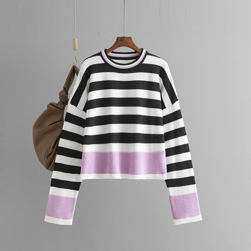 Autumn Winter Women Clothes Sweater Striped Long Sleeve round Neck Sweater Top for Women