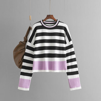 Autumn Winter Women Clothes Sweater Striped Long Sleeve round Neck Sweater Top for Women