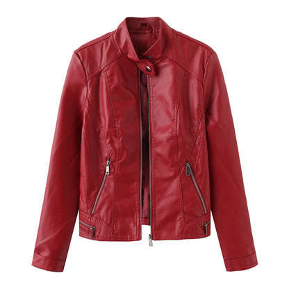 Casual Leather Jacket Spring Autumn Women Leather Jacket Long Sleeve Zipped Stand Collar Coat