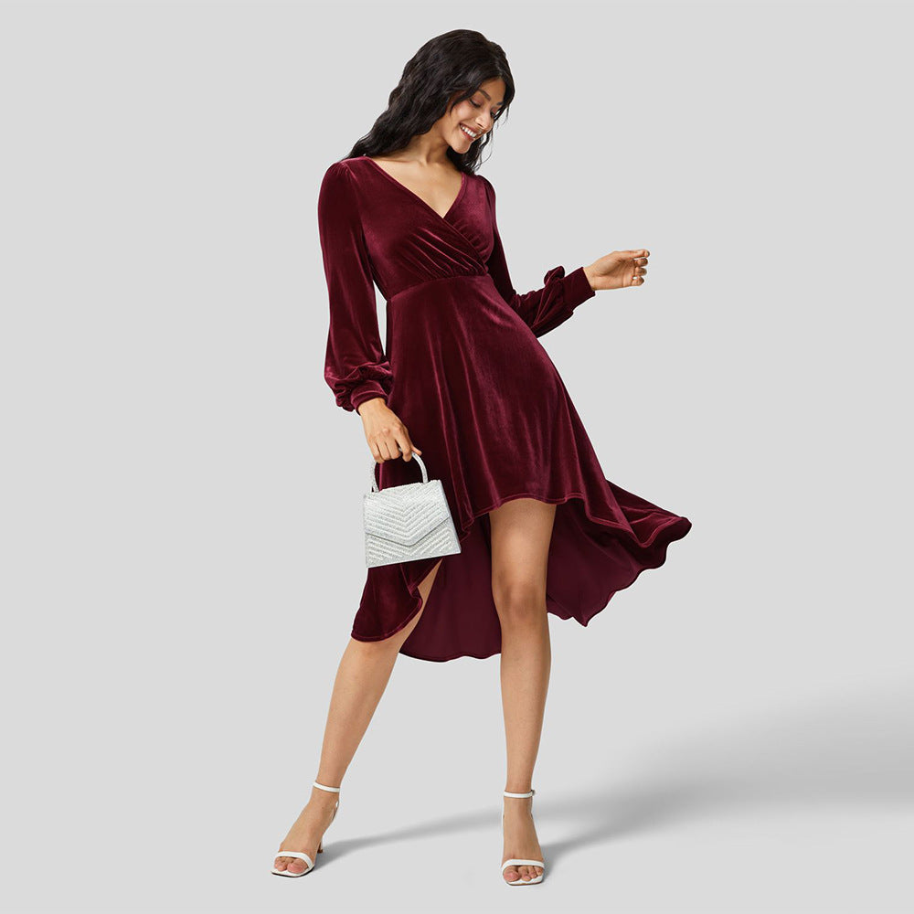 Autumn Winter Women Clothing Sexy V Neck Waist Controlled Long Sleeves Velvet Cocktail Dress Dress