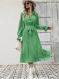 Women Long Sleeve Mid Length Pleated Dress