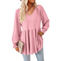 Autumn Winter Solid Color V neck Patchwork Jacquard Long Sleeve Loose-Fitting T-shirt Top Ladies