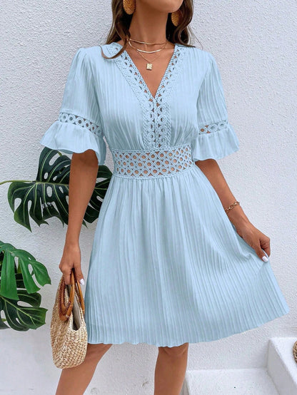 Women Clothing Summer Patchwork Lace V Neck Tight Waist Solid Color Dress