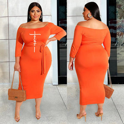 Plus Size Women Clothes off the Shoulder Dress Faish Printed Lace up Dress