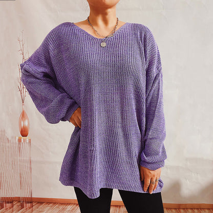 Spring Summer Casual Loose Fitting V neck Long Sleeves Simple Lightweight Sweater Pullover