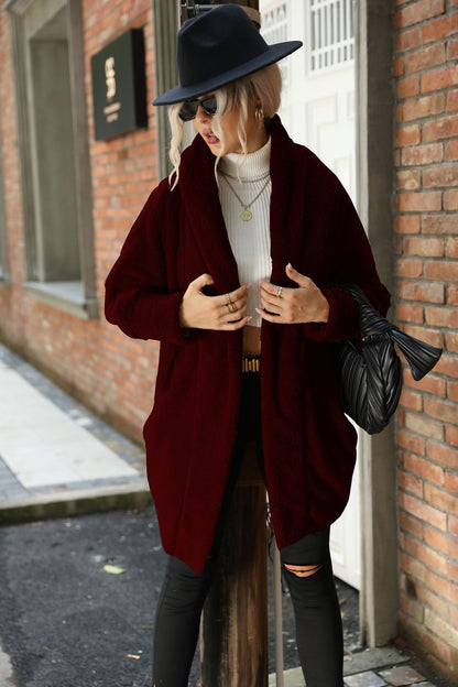 Cardigan Women Clothes Plush Casual Long Buckle Free Solid Color Loose Lapels Coat Women