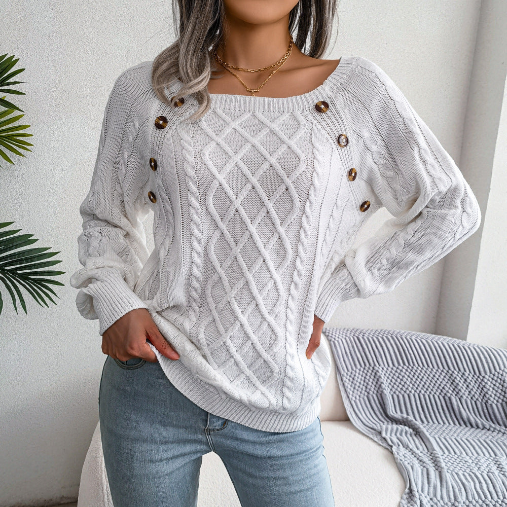 Autumn Winter Casual Square Collar Clinch Twist Knitted Pullover Sweater Women Clothing