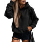 Autumn Winter Solid Color Pocket Hooded  for Women All Matching Long Sleeve Top