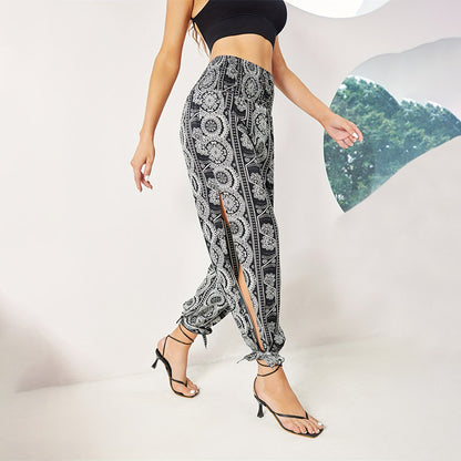 Loose Office Elegant Printed Hem Slit Trousers Women Wide Leg Ankle Banded Pants Women Pants