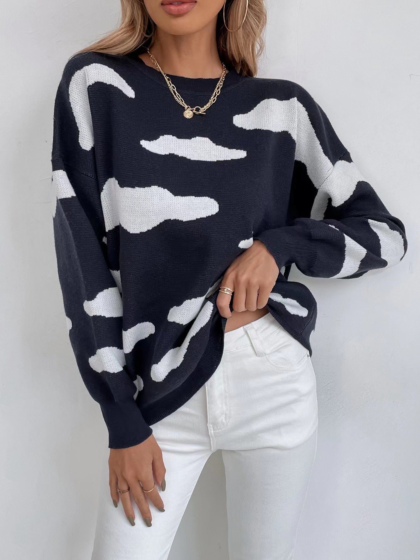 Women Long Sleeve round Neck Jacquard Cloud Sweater Sweater for Women