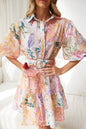 Printed Bohemian Dress Lantern Short Sleeve Belt Single Breasted A Line Dress