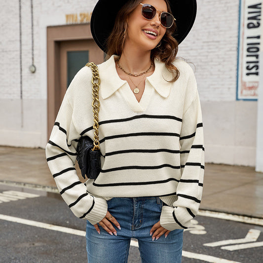 Casual Polo Collar Knitwear Autumn Winter Women Striped Pullover Sweater