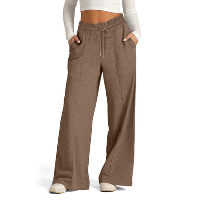 Fall Winter Ladies Tether Solid Color Waist Tight Wide Leg Casual Trousers