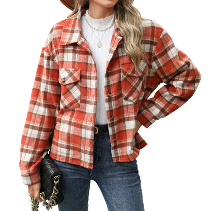 Autumn Winter Long Sleeve Loose Pockets Plaid Top Coat Women