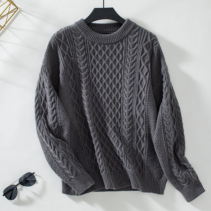 Twisted Cable Knit Pullover Women Sweater Autumn Winter Retro Crew Neck Solid Color Sweater