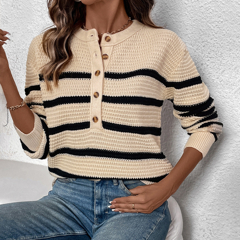 Top Autumn Winter Women Clothing Striped Contrast Color Sweater