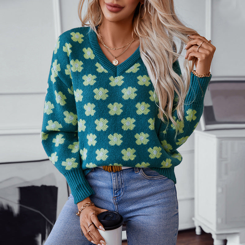 Floral Jacquard V neck Pullover Sweater Women Autumn Winter Casual Sweater Top Women