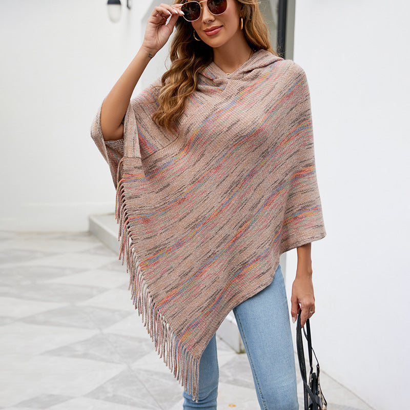 Hooded Striped Tassel Cape Shawl Women Autumn Winter Women Outer Scarf