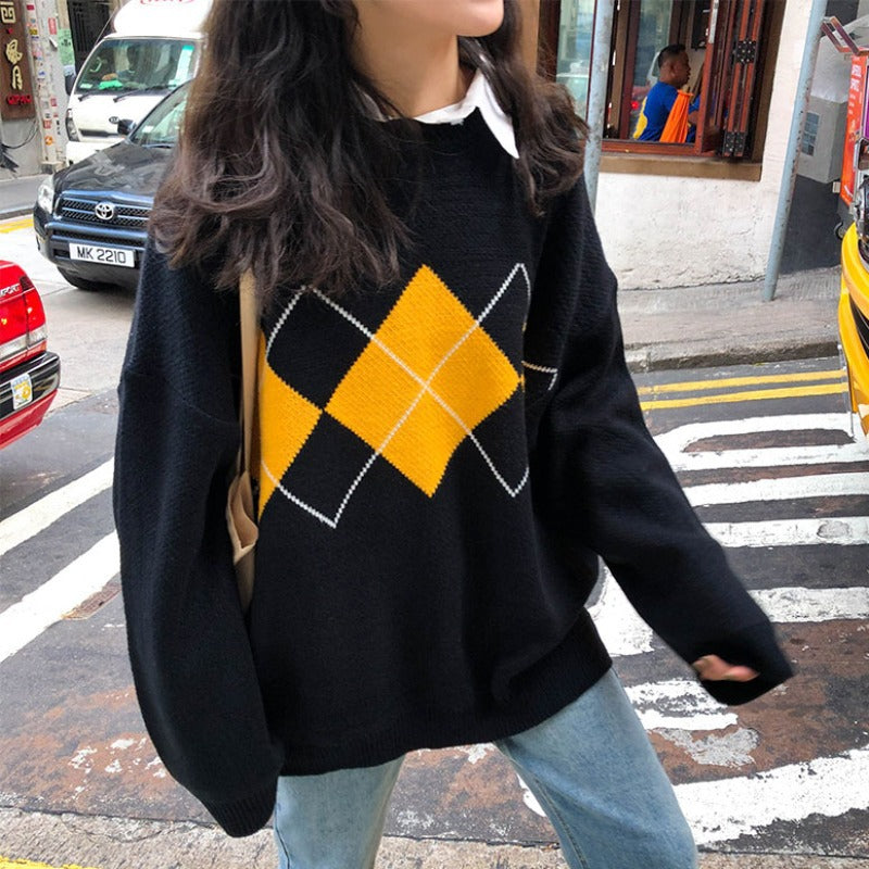 Autumn Winter Korean Rhombus Internet Celebrity Pullover Knitted Sweater Women