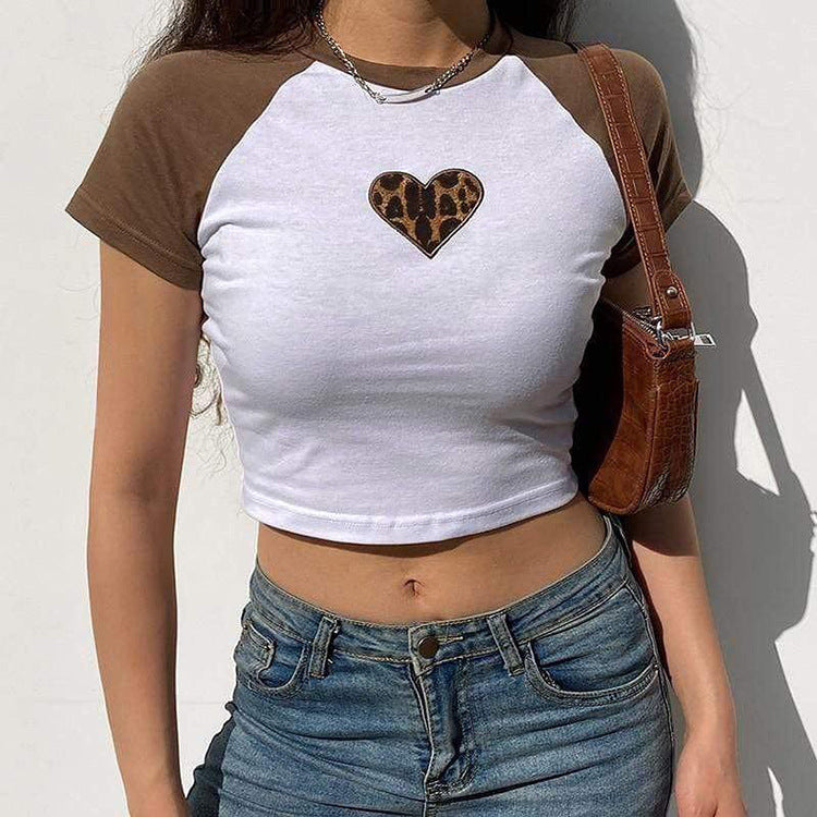 Summer Women Clothing Heart Printing Contrast Color Slim Fit Cropped Exposed Casual T shirt Top for Women