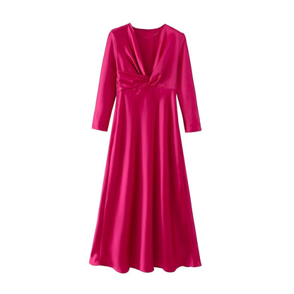 Autumn Women Clothing Long Sleeve V neck Bow Tie Silk Satin Textured Dress