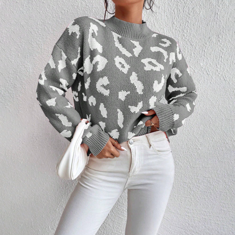 Women Clothing Sweater Pullover round Neck Sweater Spring Autumn Leopard Print Jacquard Top