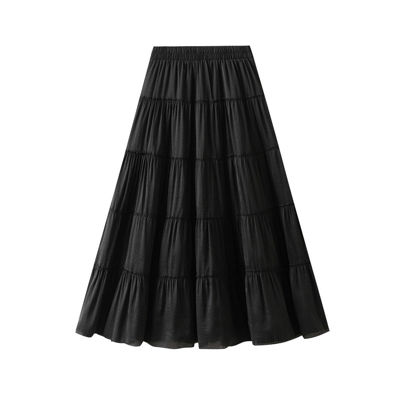 Women Skirt Summer High Waist Draping Pleated Tiered Skirt Casual Mid Length A line Large Hem Umbrella Skirt