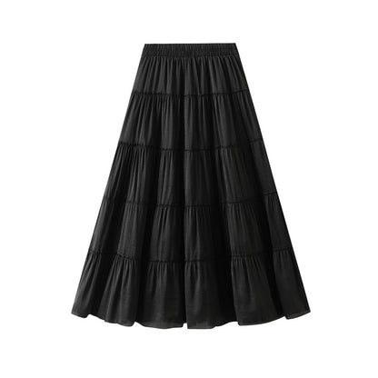 Women Skirt Summer High Waist Draping Pleated Tiered Skirt Casual Mid Length A line Large Hem Umbrella Skirt