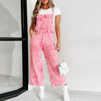 Women Retro Sleeveless Denim Suspender Pants Women Loose Straight Jumpsuit