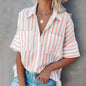 Summer Striped Collared Short-Sleeved Cardigan Single-Breasted Casual Shirt Women