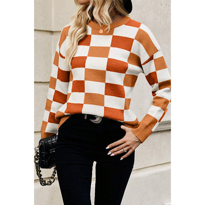 Winter Color Matching Plaid Round Neck Sweater Women Casual All Matching Warm Knitted Long Sleeve Top Women