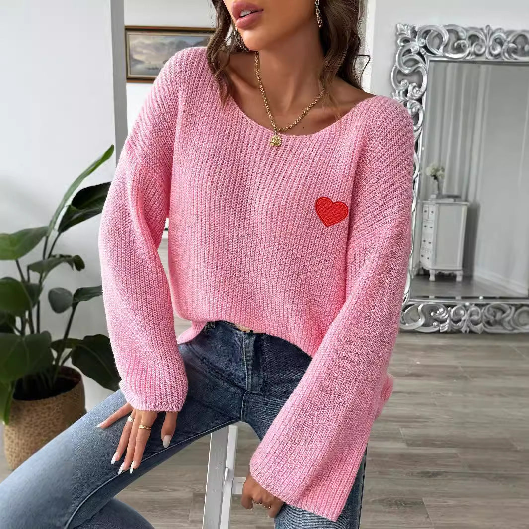 Women Pullover Sweater Top Women Clothing off Neck off the Shoulder Flared Sleeves Love Embroidered Stickers Sweater