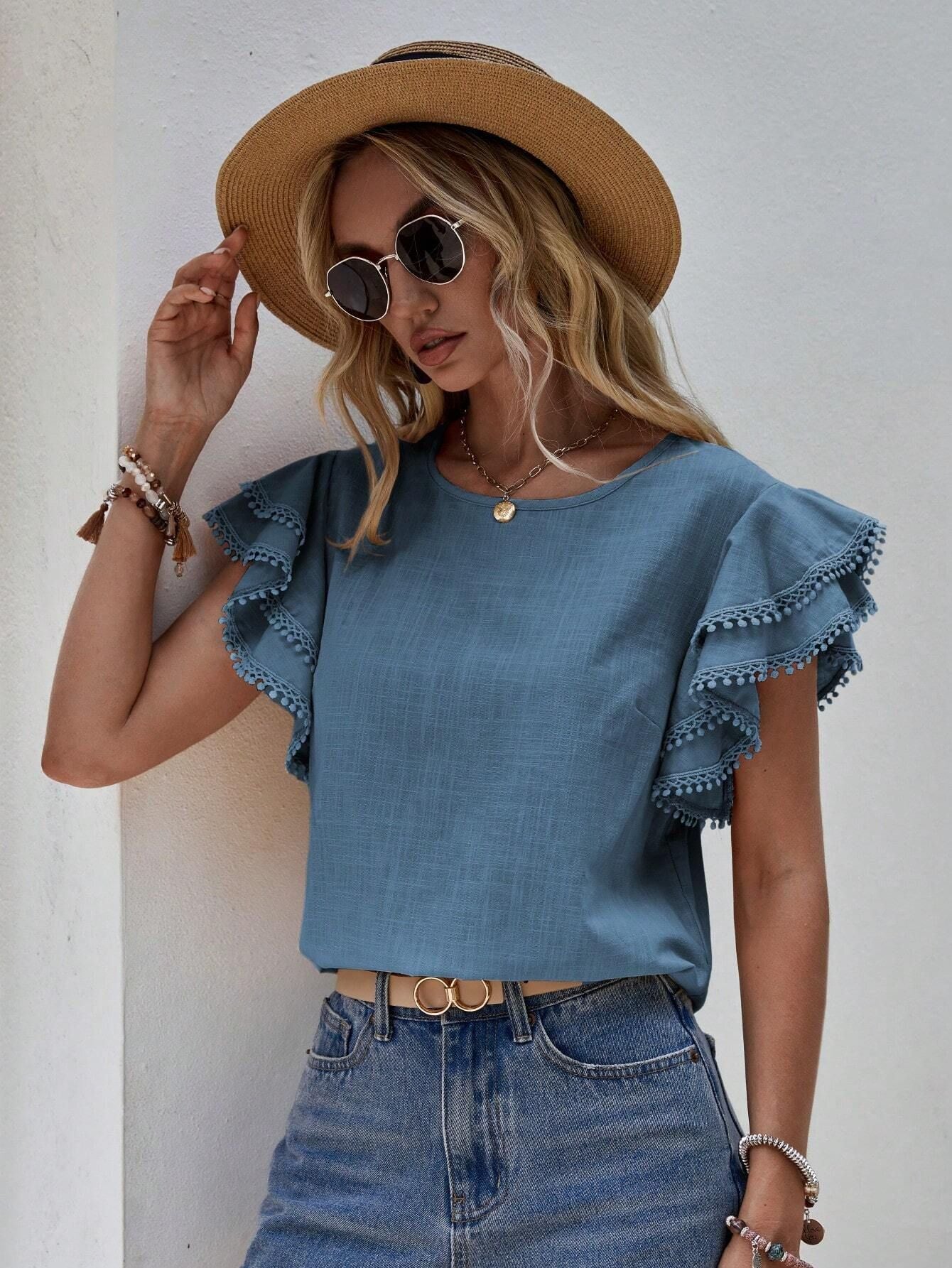 Women Casual round Neck Summer Loose Shirt Lotus Leaf Batwing Shirt Short Sleeve Top for Women