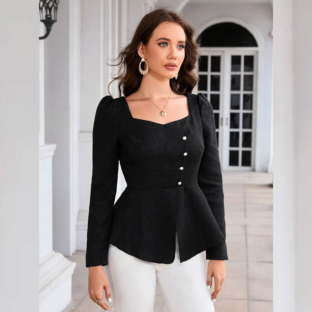 Black White Shirt Long Sleeve Spring Autumn Square Neck Cinched Pullover Top Women Shirt