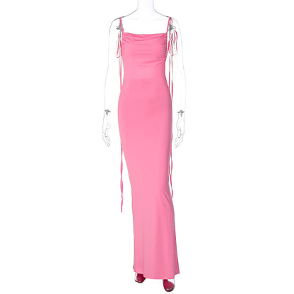 Solid Color Sexy Backless Pleated Long Elegant Slim Strap Dress for Women