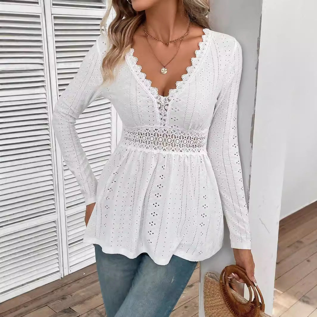 Autumn Winter Elegant Ladies Solid Color V neck Stitching Lace Long Sleeve T shirt Top Women Clothing