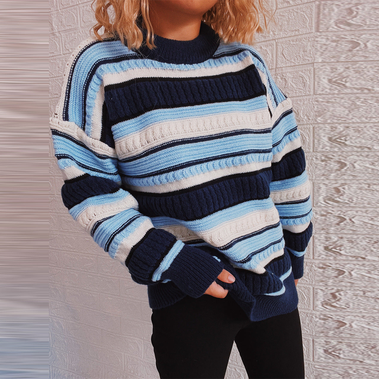 Autumn Winter Contrast Color Striped Loose round Neck Long Sleeve Knitted Pullover Sweater Bottoming Shirt