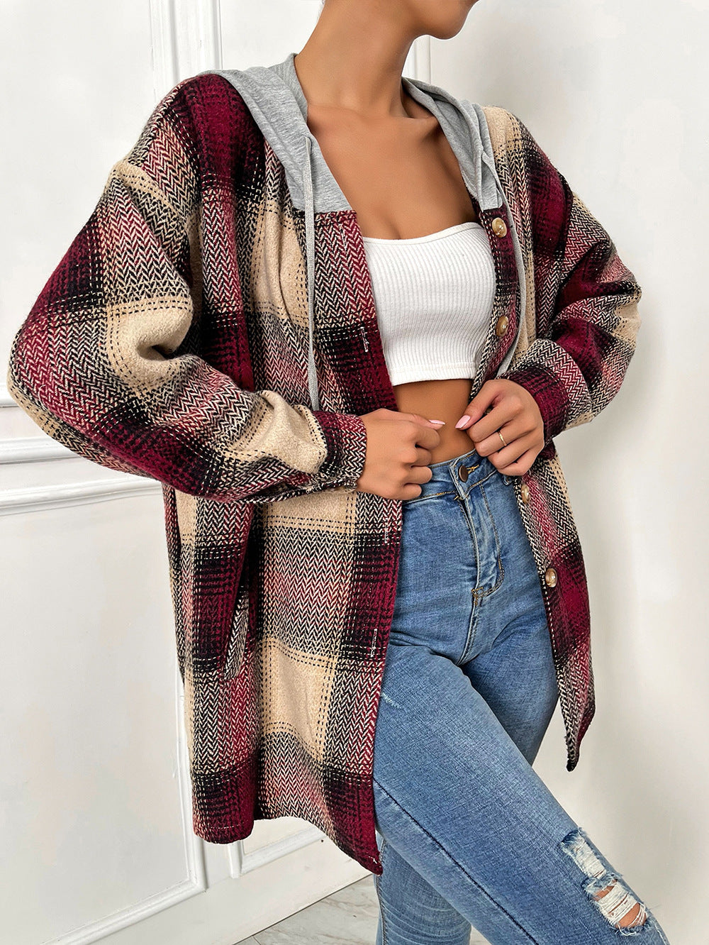 Autumn Winter Single-Breasted  Office Loose Hooded Women Clothing Woolen Plaid Coat Outerwear