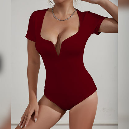 Bodysuit Deep V Plunge Neck Short Sleeve Sexy Tight Bodysuit