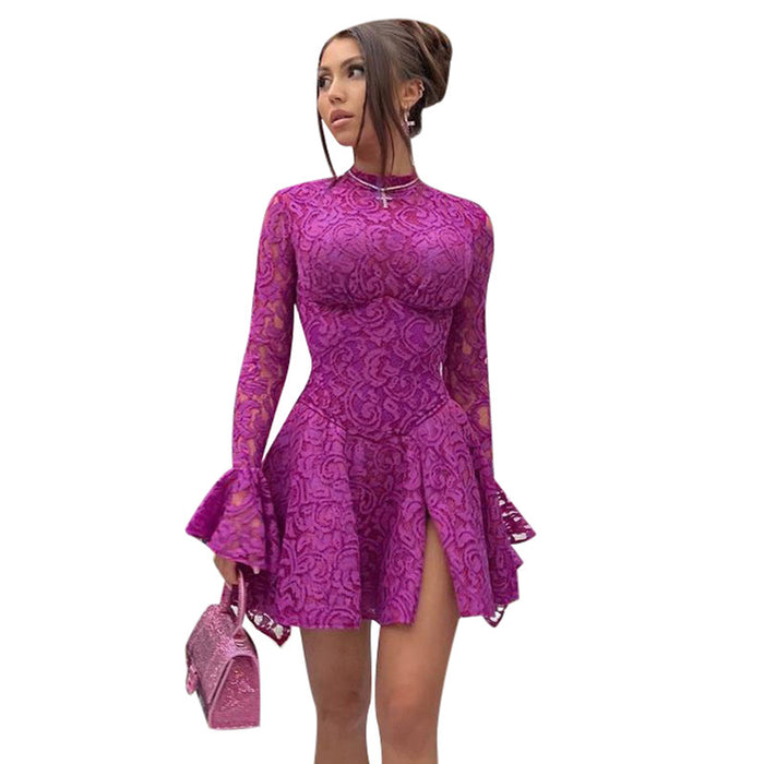 Winter Women  Sexy Slim Fit Slit Micro Transparent Party Lace Backless Tulle Tutu Dress