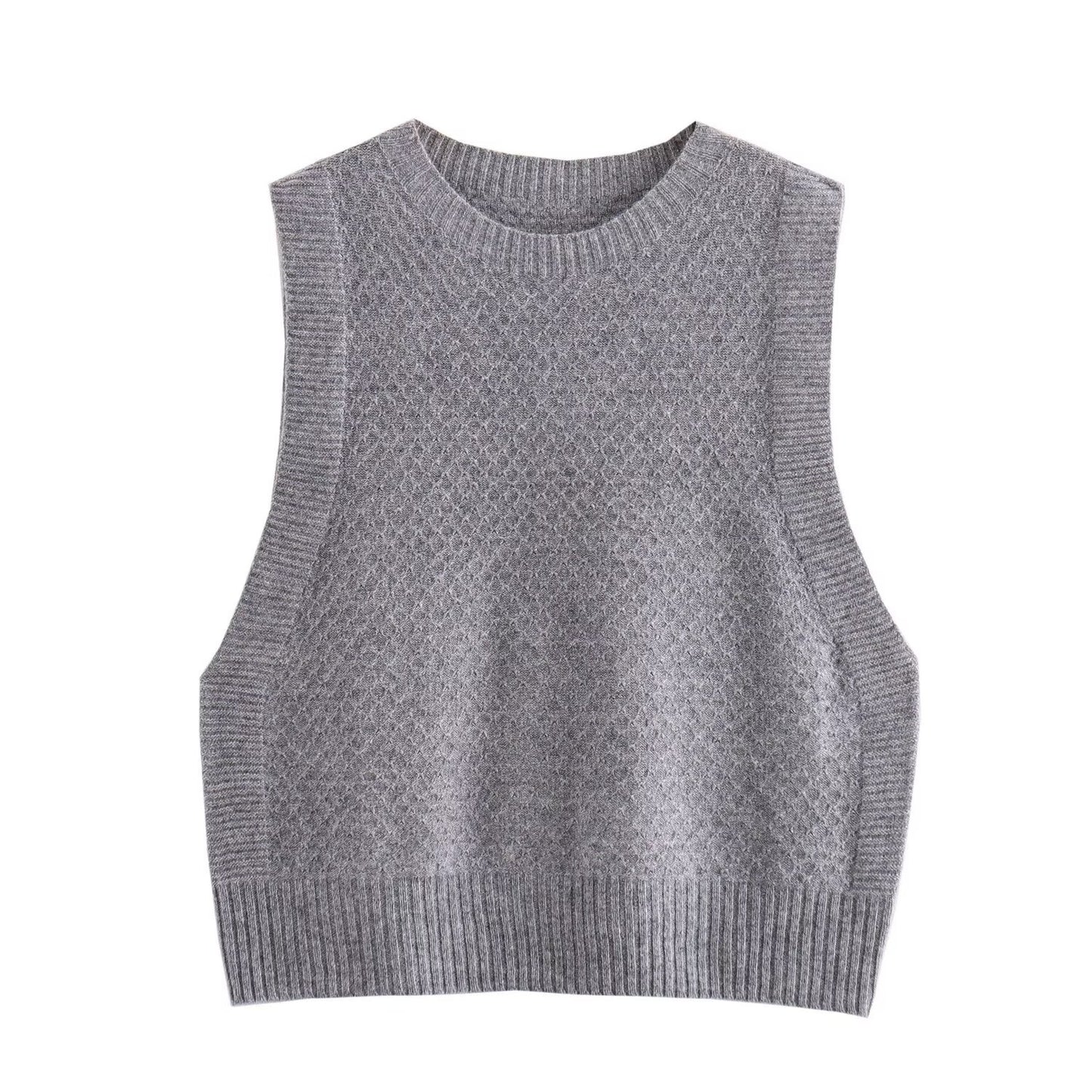 Fall Women Clothing Seamless Front Line Ready Made Garments Round Neck Wool Knitted Vest Jacket