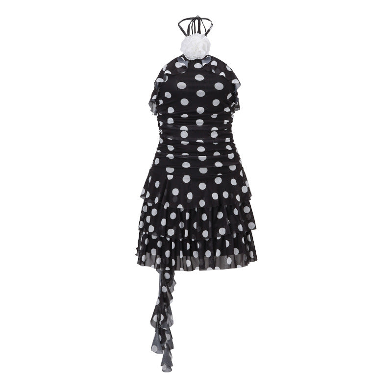 Women Clothing Summer Sexy Backless Ladies Polka Dot Self Tie Halter Dress