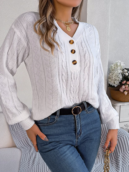 Autumn Winter Solid Color Twist V neck Buttons Lantern Sleeve Pullover Sweater Women Clothing