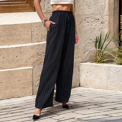 Summer Women Solid Color Pleated Straight Casual Pants