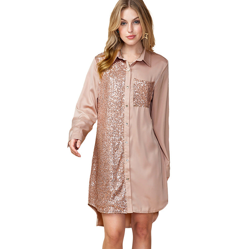 Autumn Shirt Long Sleeved Dress for Women All Match Sequin Stitching Knee Length Dress for Women