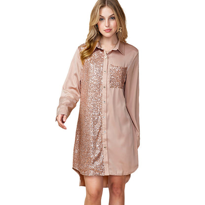 Autumn Shirt Long Sleeved Dress for Women All Match Sequin Stitching Knee Length Dress for Women